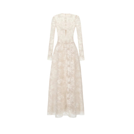 Amber White Long Sleeve Floral Lace Midi Dress