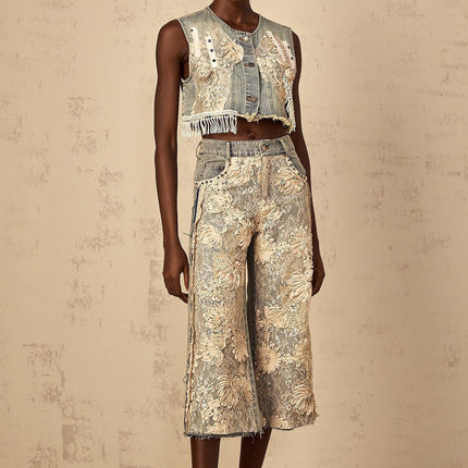 Ambra Blue Denim Cropped Top with Floral Embroidery and Lace Panelling