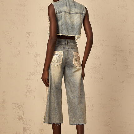 Ambra Blue Denim Floral Embroidered Cropped Top