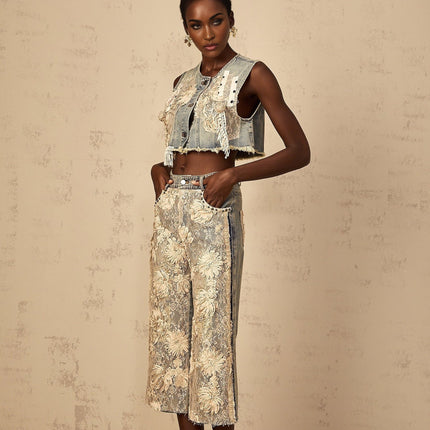 Ambra Blue Denim Floral Embroidered Cropped Top