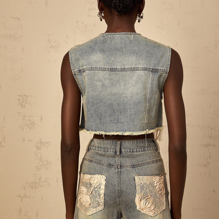 Ambra Blue Denim Floral Embroidered Lace Crop Top