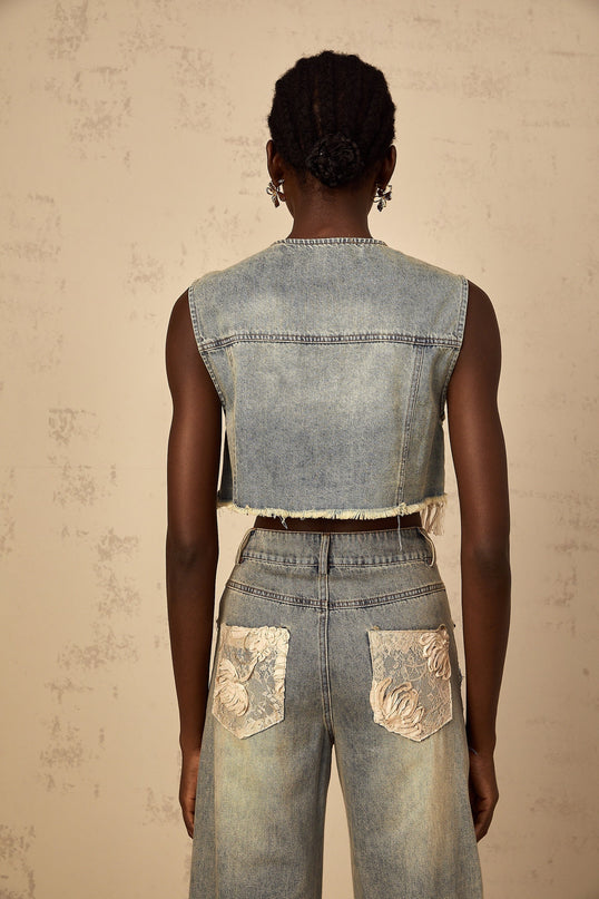 Ambra Blue Denim Floral Embroidered Lace Crop Top