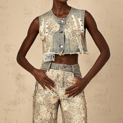 Ambra Blue Denim Floral Embroidered Lace Crop Top
