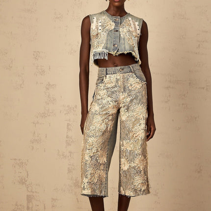 Ambra Blue Denim Floral Embroidered Lace Panel Cropped Top Fringed Detailing