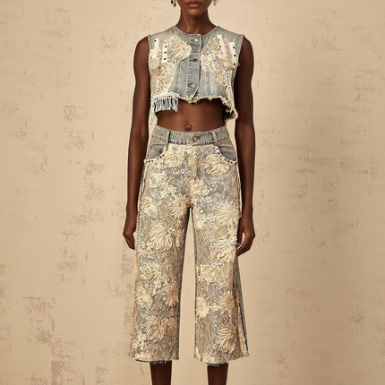 Ambra Blue Floral Embroidered Denim Crop Top
