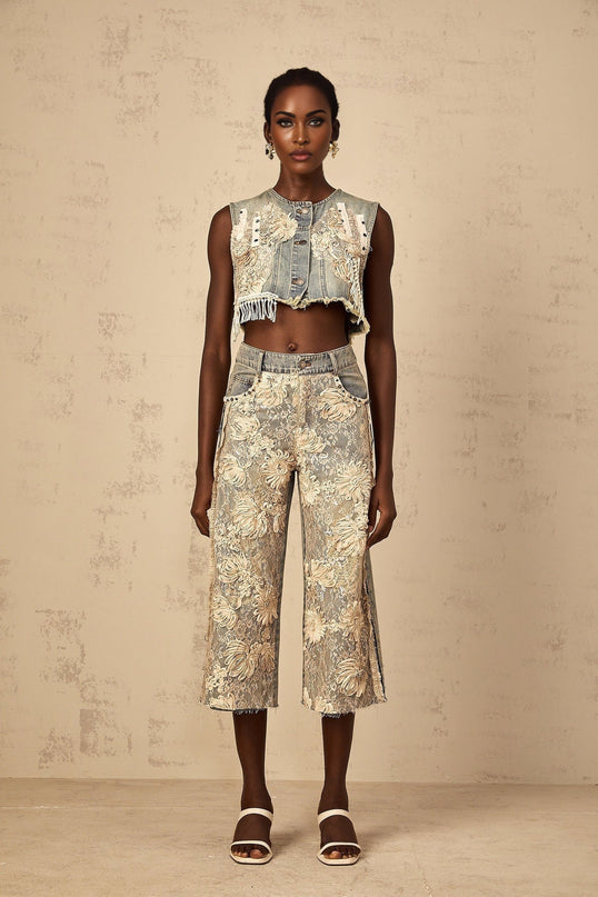 Ambra Blue Floral Embroidered Denim Crop Top
