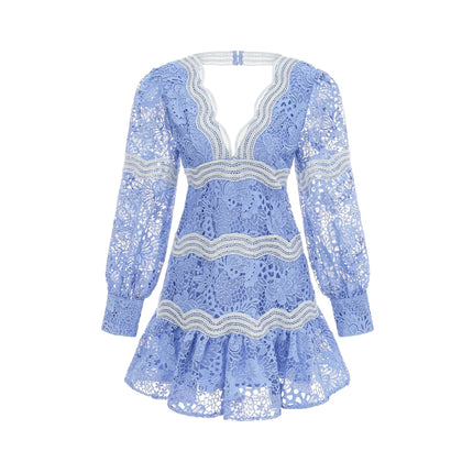 Ambra Blue Floral Midi Dress 100% Cotton A-line with Floral Embroidery Lace Trim V-neck Long Sleeves Open-back Cut-out Design Button-tight Cuffs Flounce Hem