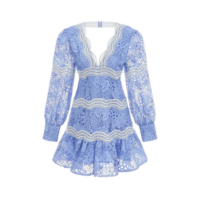 Ambra Blue Floral Midi Dress 100% Cotton A-line with Floral Embroidery Lace Trim V-neck Long Sleeves Open-back Cut-out Design Button-tight Cuffs Flounce Hem