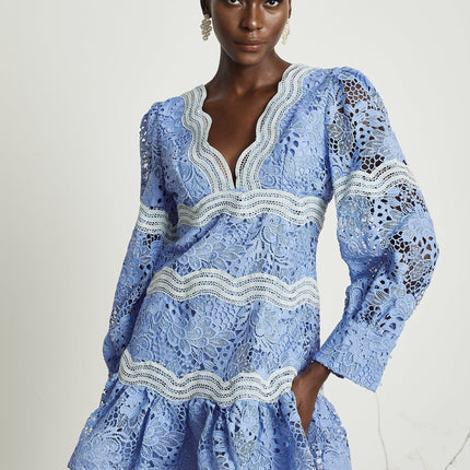 Ambra Blue Floral Midi Dress 100% Cotton A-line with V-neck and long sleeves
