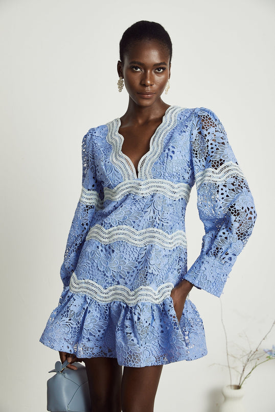 Ambra Blue Floral Midi Dress 100% Cotton A-line with V-neck and long sleeves