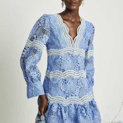 Ambra Blue Floral Midi Dress 100% Cotton A-line with Floral Embroidery and Lace Trim V-neck Long Sleeves Open-back Cut-out Button-tight Cuffs Flounce Hem