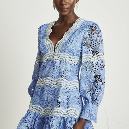 Ambra Blue Floral Midi Dress 100% Cotton A-line with embroidery lace trim V-neck long sleeves open-back cut-out design button-tight cuffs flounce hem soirée garden party vision of grace refinement