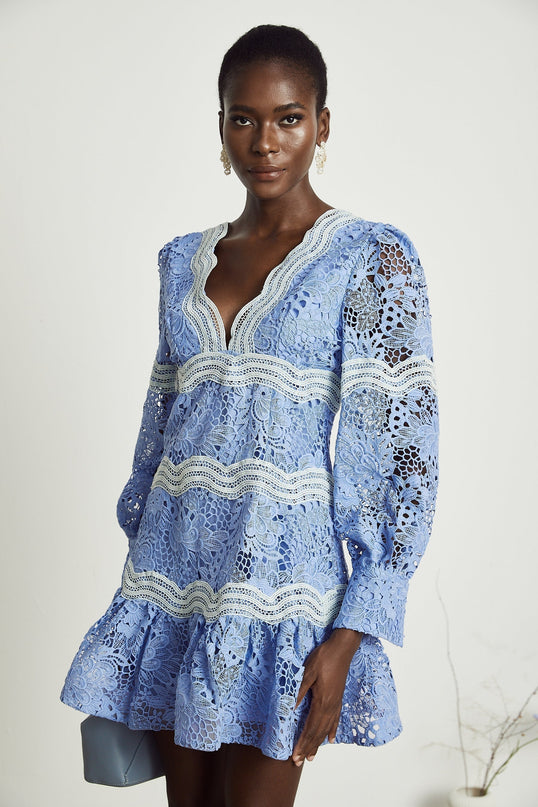 Ambra Blue Floral Midi Dress 100% Cotton A-line with embroidery lace trim V-neck long sleeves open-back cut-out design button-tight cuffs flounce hem soirée garden party vision of grace refinement
