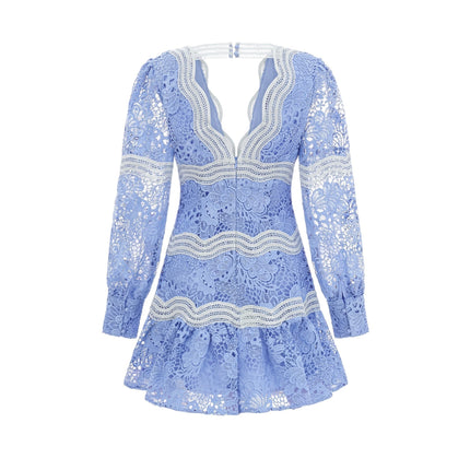 Ambra Blue Floral Midi Dress 100% Cotton A-line with floral embroidery lace trim V-neck long sleeves open-back cut-out design button-tight cuffs flounce hem sartorial symphony soirée garden party grace refinement