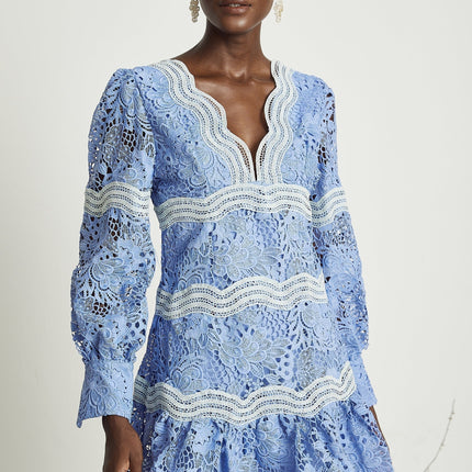 Ambra Blue Floral Midi Dress 100% Cotton A-line with Embroidery and Lace Trim V-neck Long Sleeves Open-back Cut-out Button-tight Cuffs Flounce Hem Soirée Garden Party Grace Refinement