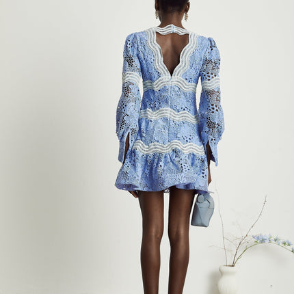 Ambra Blue Floral Midi Dress 100% Cotton A-line V-neck long sleeves open-back cut-out button-tight cuffs flounce hem soirée garden party elegance sophistication romantic charm lace trim embroidery modern twist grace refinement
