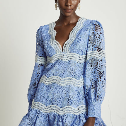 Ambra Blue Floral Midi Dress 100% Cotton A-line with Floral Embroidery and Lace Trim V-neck Long Sleeves Open-back Cut-out Button-tight Cuffs Flounce Hem