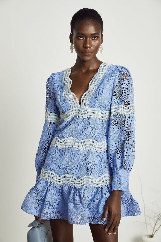 Ambra Blue Floral Midi Dress 100% Cotton A-line with Floral Embroidery and Lace Trim V-neck Long Sleeves Open-back Cut-out Button-tight Cuffs Flounce Hem
