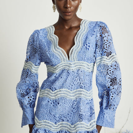 Ambra Blue Floral Midi Dress 100% Cotton A-line with floral embroidery lace trim V-neck long sleeves open-back cut-out design button-tight cuffs flounce hem sartorial symphony soirée garden party grace refinement