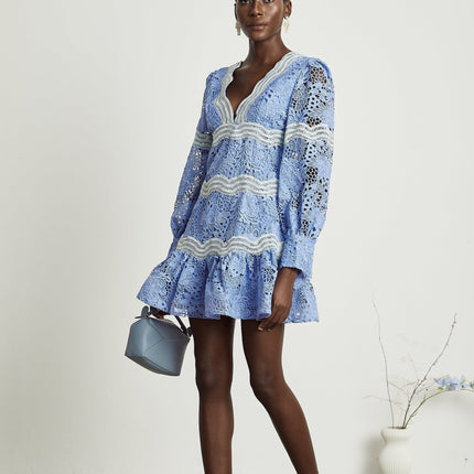 Ambra Floral Midi Dress in Blue 100% Cotton A-line with floral embroidery and lace trim V-neck long sleeves open-back cut-out design button-tight cuffs flounce hem