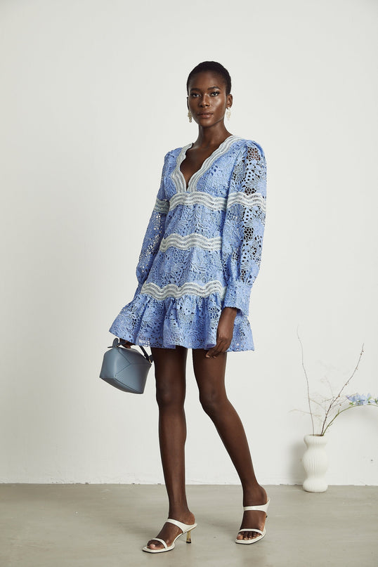 Ambra Floral Midi Dress in Blue 100% Cotton A-line with floral embroidery and lace trim V-neck long sleeves open-back cut-out design button-tight cuffs flounce hem