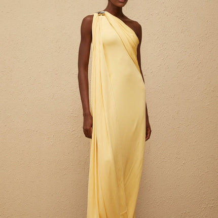 Ambra Yellow One-Shoulder Maxi Dress Sleeveless Metallic Detailing Rear Zip Fastening Polyamide Elastane Blend