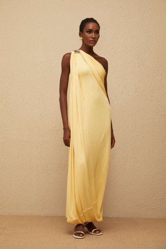Ambra Yellow One-Shoulder Maxi Dress Sleeveless Metallic Detailing Rear Zip Fastening Polyamide Elastane Blend
