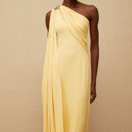 Ambra Yellow One-Shoulder Maxi Dress with Metallic Detailing and Rear Zip Fastening