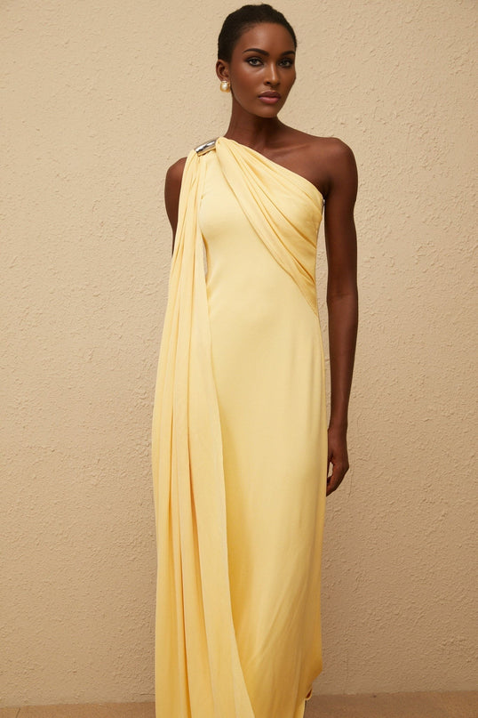 Ambra Yellow One-Shoulder Maxi Dress with Metallic Detailing and Rear Zip Fastening