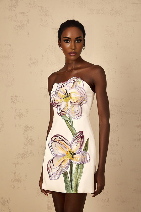 Ambra White Floral Embroidered Sequin Mini Dress