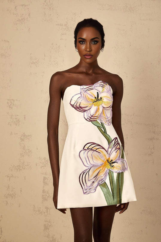 Ambra White Floral Embroidered Sequin Mini Dress