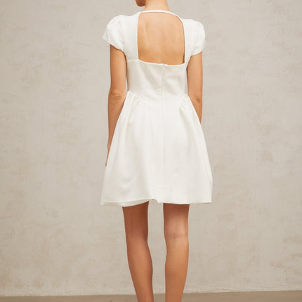 Ambra White Square Neck Cap Sleeve Mini Dress with Open Back and Pleated Puff Skirt