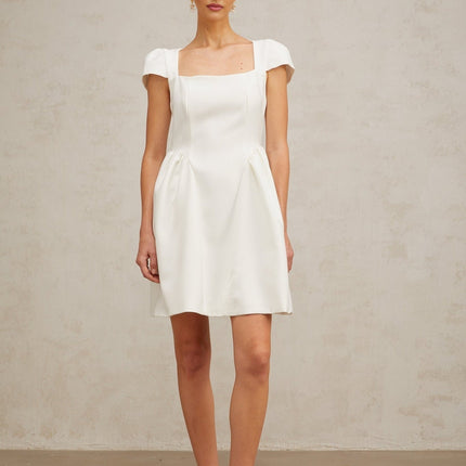 Ambra White Square Neck Cap Sleeve Mini Dress with Open Back Design and Pleated Puff Skirt