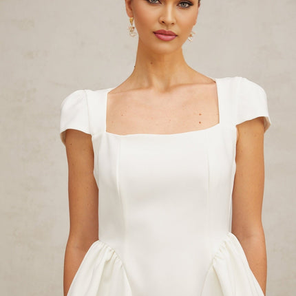 Ambra White Square Neck Cap Sleeve Mini Dress with Open Back Pleated Detailing and Puff Skirt