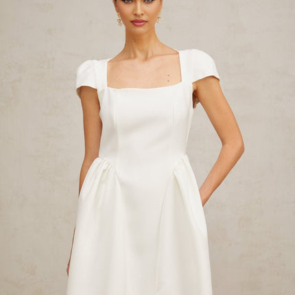 Ambra White Square Neck Cap Sleeve Mini Dress with Open Back Design and Pleated Puff Skirt