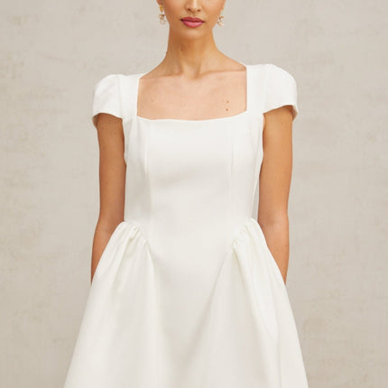 Ambra White Square Neck Cap Sleeve Mini Dress with Open Back and Pleated Puff Skirt