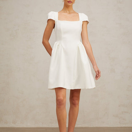 Ambra White Square Neck Cap Sleeve Mini Dress with Open Back and Pleated Puff Skirt