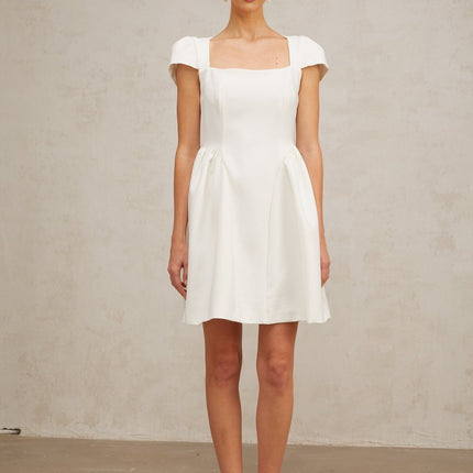 Ambra White Square Neck Cap Sleeve Mini Dress with Open Back and Pleated Puff Skirt