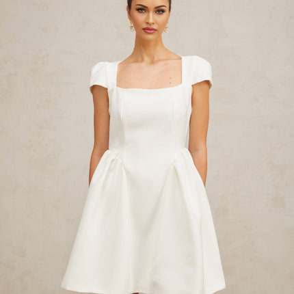 Ambra White Square Neck Mini Dress with Open Back and Puff Skirt