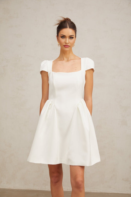 Ambra White Square Neck Mini Dress with Open Back and Puff Skirt