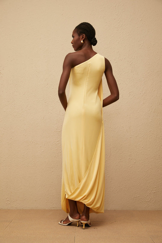Ambra Yellow One-Shoulder Maxi Dress with Metallic Detailing