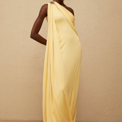 Ambra Yellow One-Shoulder Maxi Dress with Metallic Detailing and Asymmetrical Hem