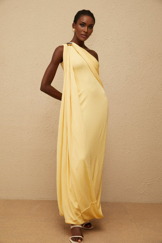 Ambra Yellow One-Shoulder Maxi Dress with Metallic Detailing and Asymmetrical Hem
