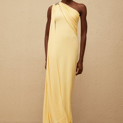 Ambra Yellow One-Shoulder Maxi Dress with Metallic Detailing