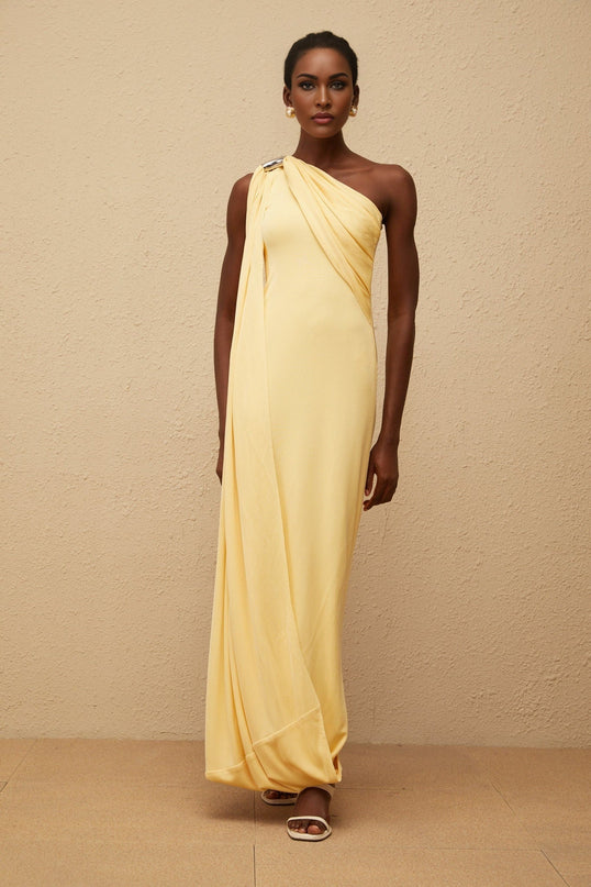 Ambra Yellow One-Shoulder Maxi Dress with Metallic Detailing