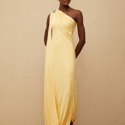 Ambra Yellow Maxi Dress One-Shoulder Sleeveless Metallic Detailing Rear Zip Fastening Polyamide Elastane