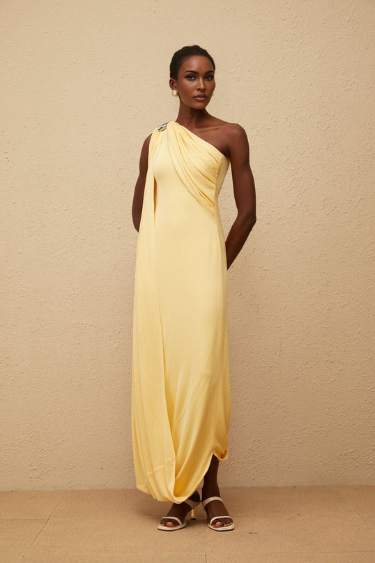 Ambra Yellow Maxi Dress One-Shoulder Sleeveless Metallic Detailing Rear Zip Fastening Polyamide Elastane