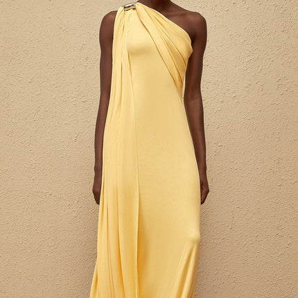 Ambra Yellow One-Shoulder Maxi Dress with Metallic Detailing