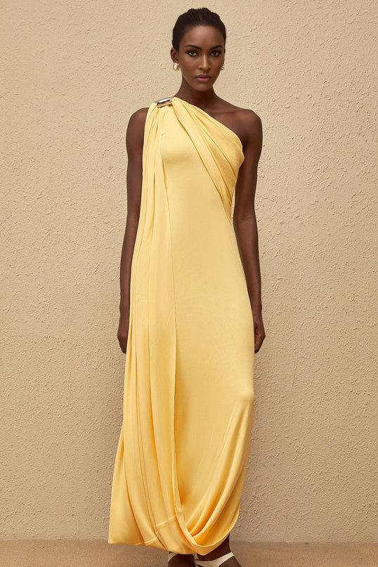 Ambra Yellow One-Shoulder Maxi Dress with Metallic Detailing