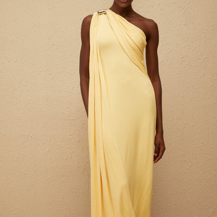 Ambra Yellow One-Shoulder Maxi Dress with Metallic Detailing